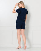 Navy Blue Knit Flutter-Sleeve Top & Shorts Set with Lace TrimHook line