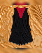 Black Knit Sleeveless Top & Shorts Set with Contrast V-Panel