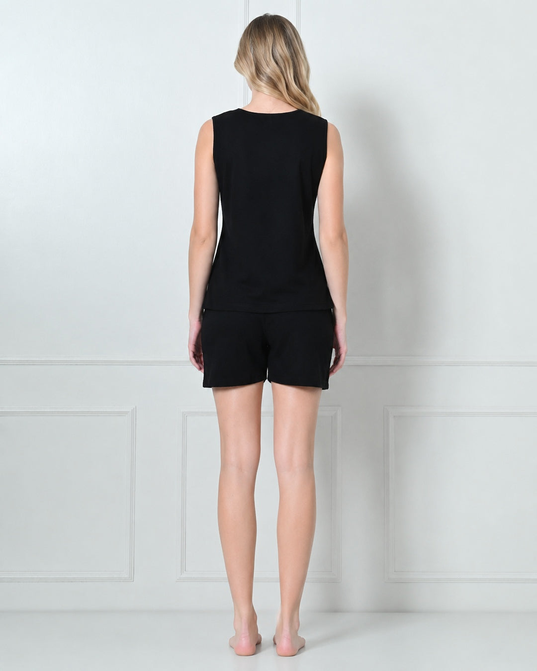 Black Knit Sleeveless Top & Shorts Set with Contrast V-Panel