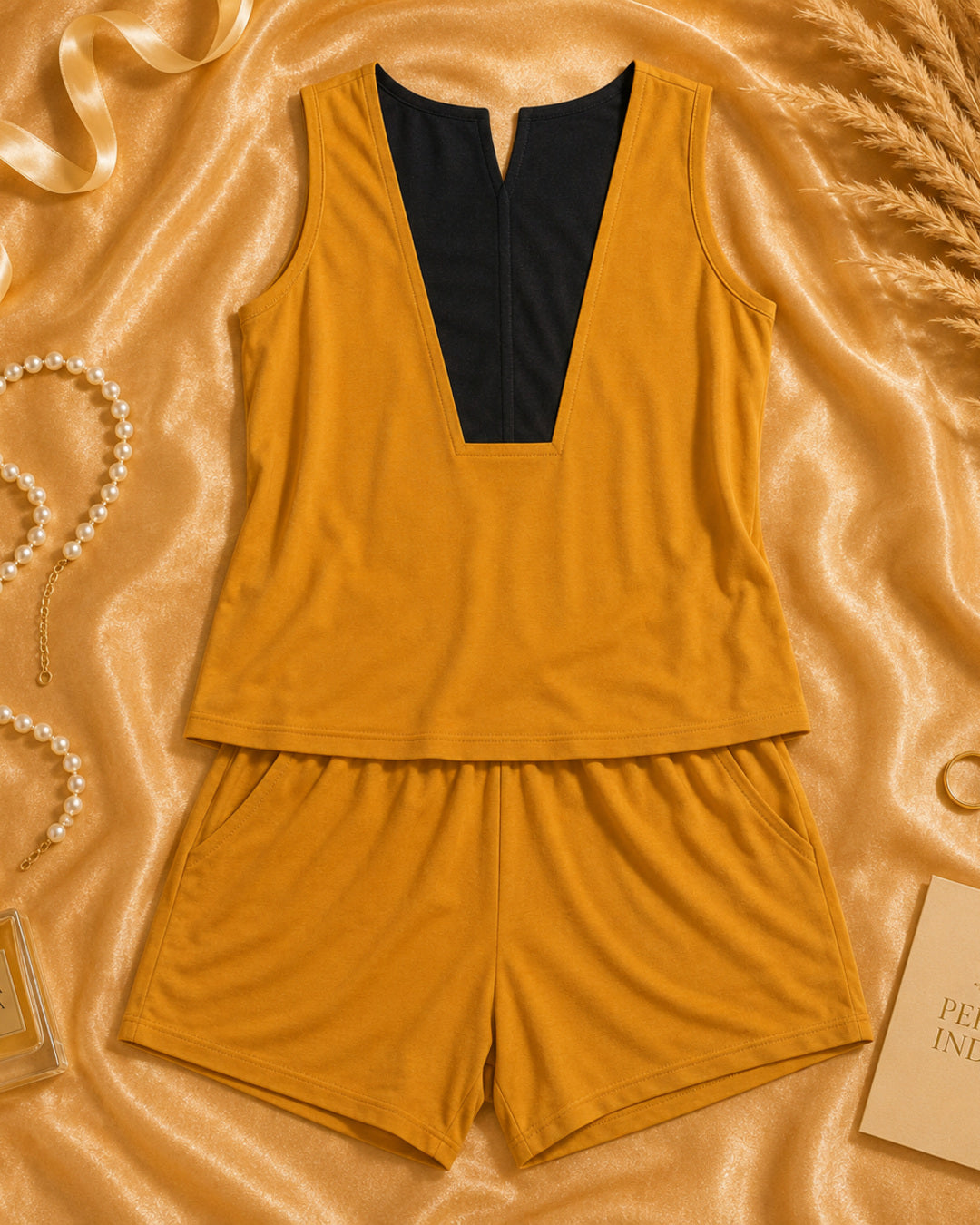 Mustard Knit Sleeveless Top & Shorts Set with Contrast V-Panel