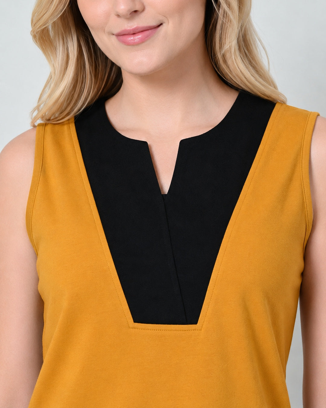 Mustard Knit Sleeveless Top & Shorts Set with Contrast V-Panel