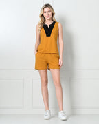 Mustard Knit Sleeveless Top & Shorts Set with Contrast V-Panel