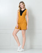 Mustard Knit Sleeveless Top & Shorts Set with Contrast V-Panel