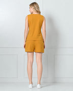 Mustard Knit Sleeveless Top & Shorts Set with Contrast V-Panel