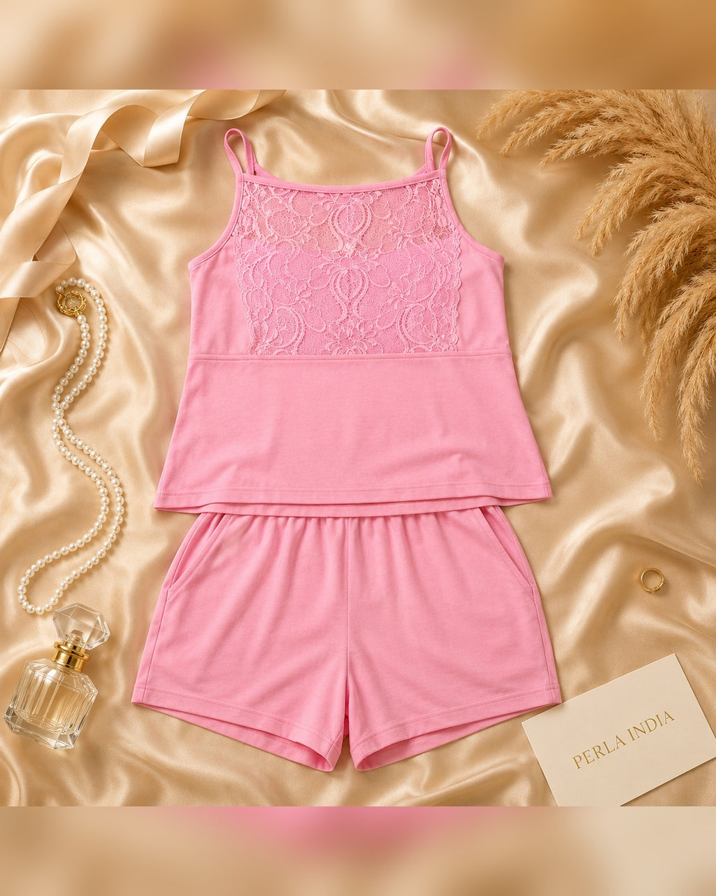 Pink Knit Spaghetti-Strap Cami & Shorts Set with Lace Yoke Panel
