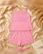 Pink Knit Spaghetti-Strap Cami & Shorts Set with Lace Yoke Panel
