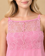 Pink Knit Spaghetti-Strap Cami & Shorts Set with Lace Yoke Panel