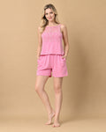 Pink Knit Spaghetti-Strap Cami & Shorts Set with Lace Yoke Panel