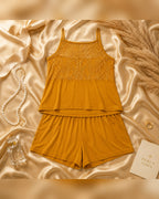 Mustard Knit Spaghetti-Strap Cami & Shorts Set with Lace Yoke Panel