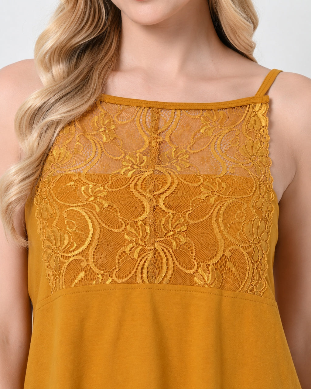 Mustard Knit Spaghetti-Strap Cami & Shorts Set with Lace Yoke Panel