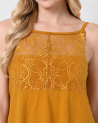 Mustard Knit Spaghetti-Strap Cami & Shorts Set with Lace Yoke Panel
