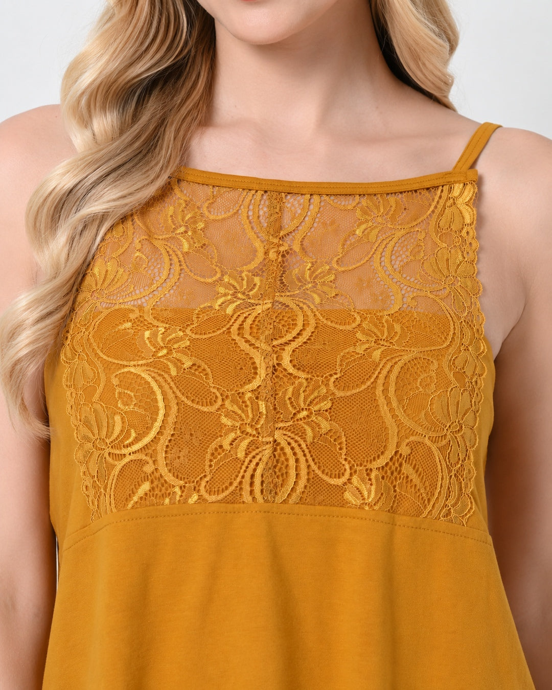 Mustard Knit Spaghetti-Strap Cami & Shorts Set with Lace Yoke Panel