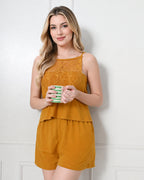 Mustard Knit Spaghetti-Strap Cami & Shorts Set with Lace Yoke Panel