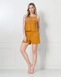 Mustard Knit Spaghetti-Strap Cami & Shorts Set with Lace Yoke Panel