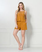 Mustard Knit Spaghetti-Strap Cami & Shorts Set with Lace Yoke Panel