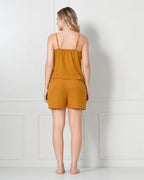 Mustard Knit Spaghetti-Strap Cami & Shorts Set with Lace Yoke Panel