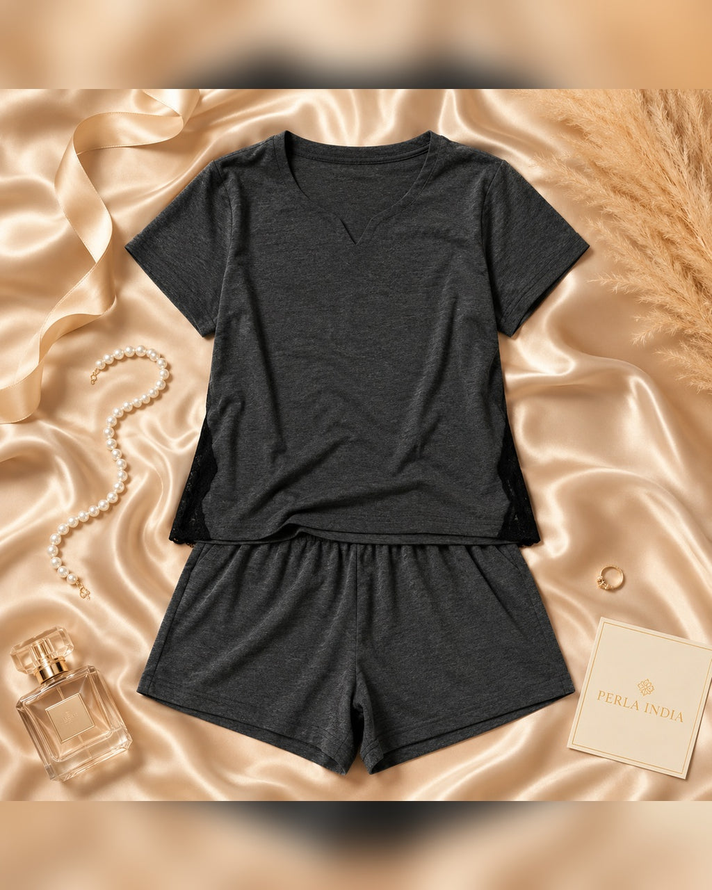Charcoal Knit Cap-Sleeve Top & Shorts Set with Contrast Side Panels