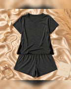 Charcoal Knit Cap-Sleeve Top & Shorts Set with Contrast Side Panels