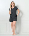 Charcoal Knit Cap-Sleeve Top & Shorts Set with Contrast Side Panels