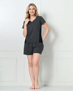 Charcoal Knit Cap-Sleeve Top & Shorts Set with Contrast Side Panels