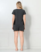 Charcoal Knit Cap-Sleeve Top & Shorts Set with Contrast Side Panels