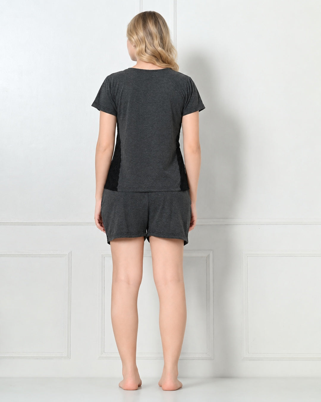 Charcoal Knit Cap-Sleeve Top & Shorts Set with Contrast Side Panels