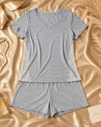 Gray Knit Cap-Sleeve Top & Shorts Set with Side Lace Panel