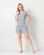 Gray Knit Cap-Sleeve Top & Shorts Set with Side Lace Panel