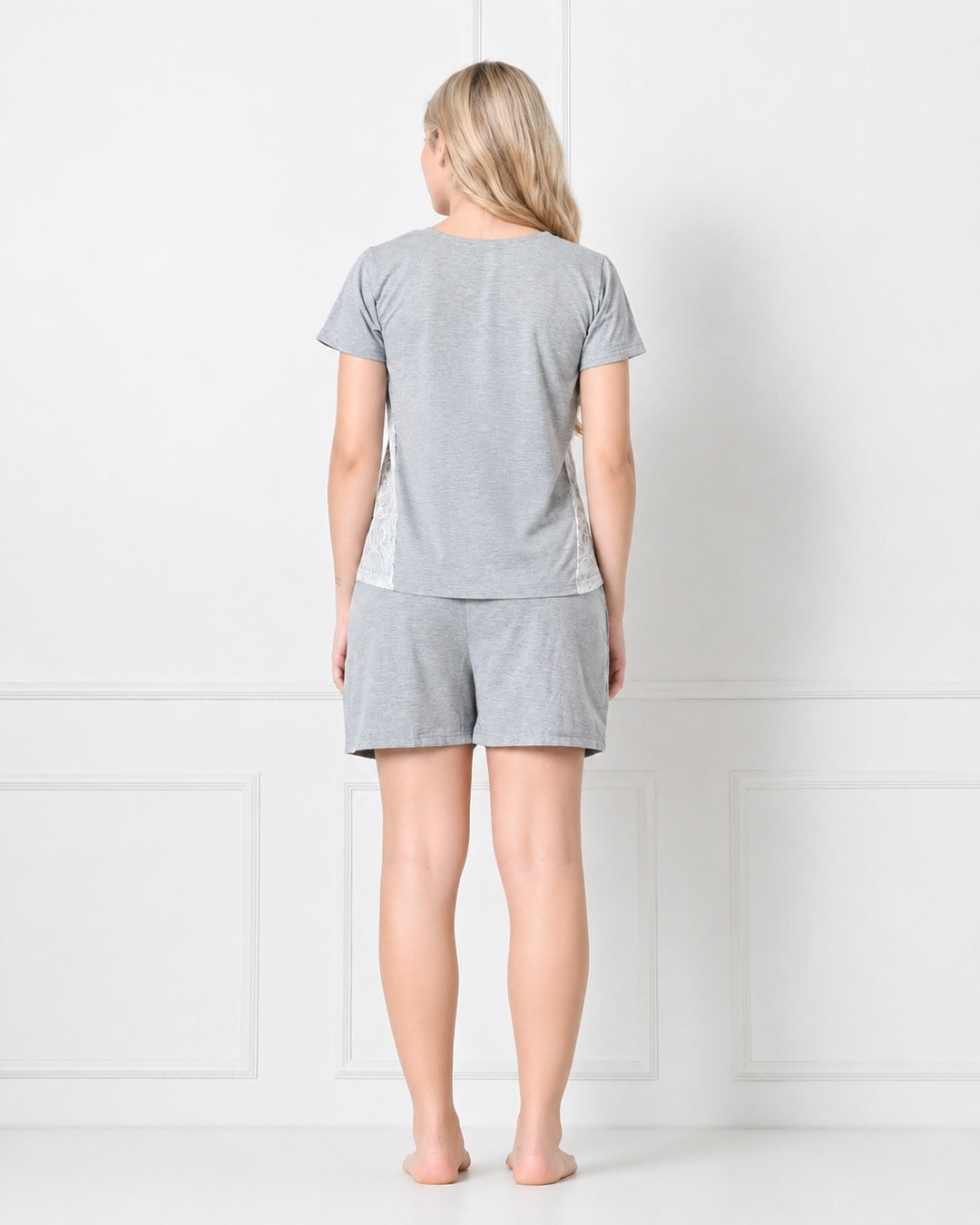 Gray Knit Cap-Sleeve Top & Shorts Set with Side Lace Panel