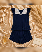 Navy Blue Knit Ruffle-Sleeve Top & Shorts Set with Lace V-Neckline