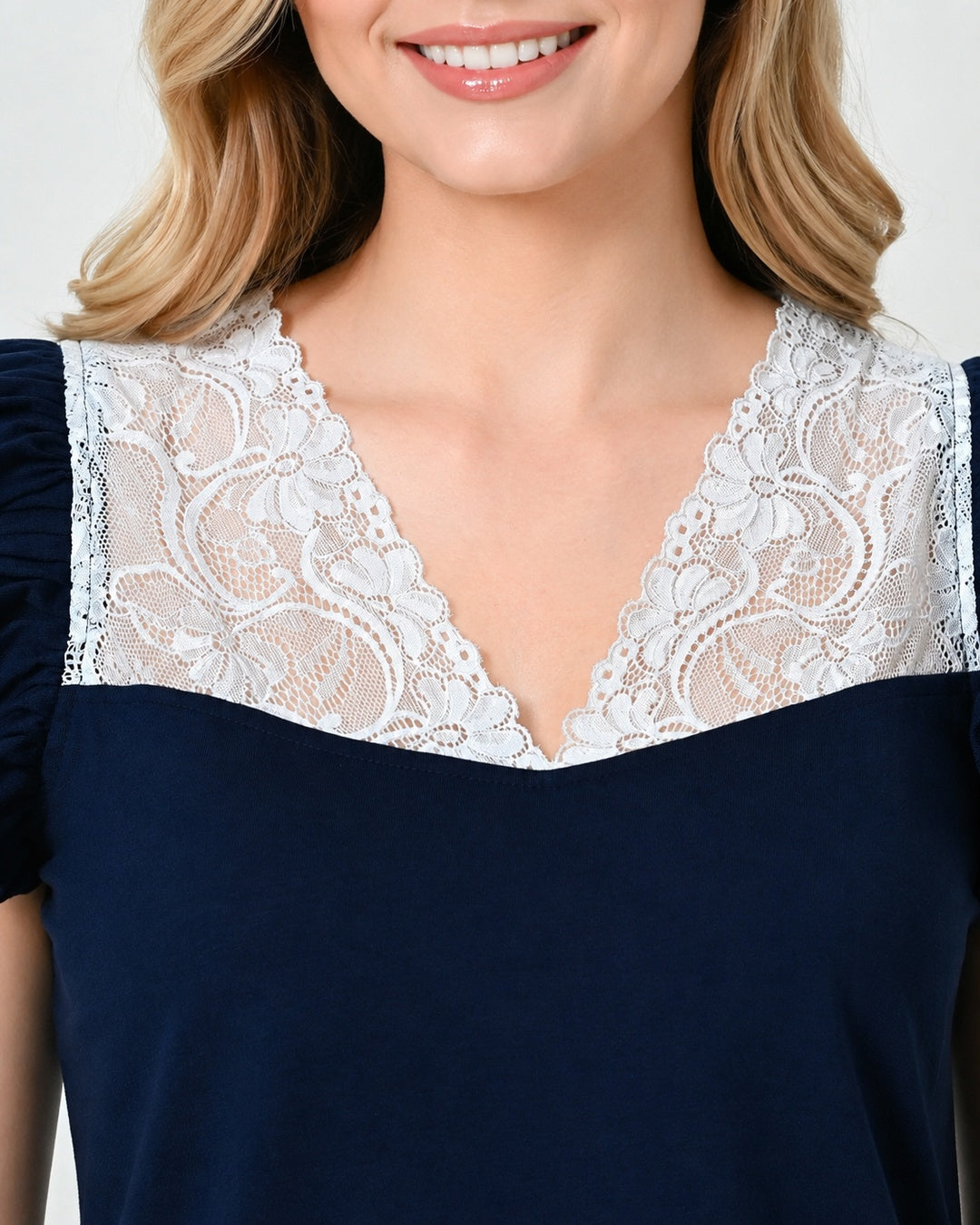 Navy Blue Knit Ruffle-Sleeve Top & Shorts Set with Lace V-Neckline