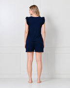 Navy Blue Knit Ruffle-Sleeve Top & Shorts Set with Lace V-Neckline
