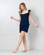 Navy Blue Knit Ruffle-Sleeve Top & Shorts Set with Lace V-Neckline