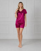 Wine Satin Short-Sleeve Top & Shorts Set with Black Lace V-Neck & Bow Tie