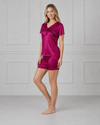 Wine Satin Short-Sleeve Top & Shorts Set with Black Lace V-Neck & Bow Tie