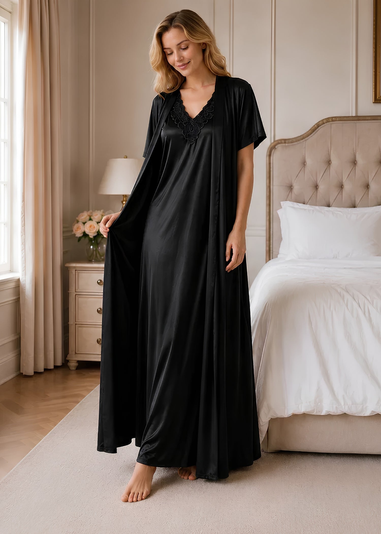 Black Satin Kimono Wrap Nightgown with Tie Belt - Perla india