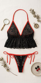 Black Lace Halter Babydoll Bikini Set with Red Trim