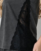Charcoal Knit Cap-Sleeve Top & Shorts Set with Contrast Side Panels