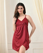 Maroon Satin Lycra Babydoll Set with Adjustable Straps