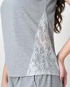 Gray Knit Cap-Sleeve Top & Shorts Set with Side Lace Panel