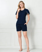 Navy Blue Knit Flutter-Sleeve Top & Shorts Set with Lace TrimHook line