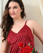 Maroon Satin Lycra Babydoll Set with Adjustable Straps