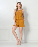 Mustard Knit Spaghetti-Strap Cami & Shorts Set with Lace Yoke Panel