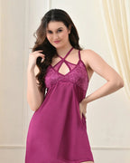 Wine Satin Lycra Cross-Back Babydoll Set