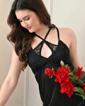 Black Satin Lycra Cross-Back Babydoll Set