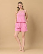Pink Knit Spaghetti-Strap Cami & Shorts Set with Lace Yoke Panel