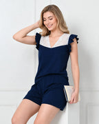 Navy Blue Knit Ruffle-Sleeve Top & Shorts Set with Lace V-Neckline