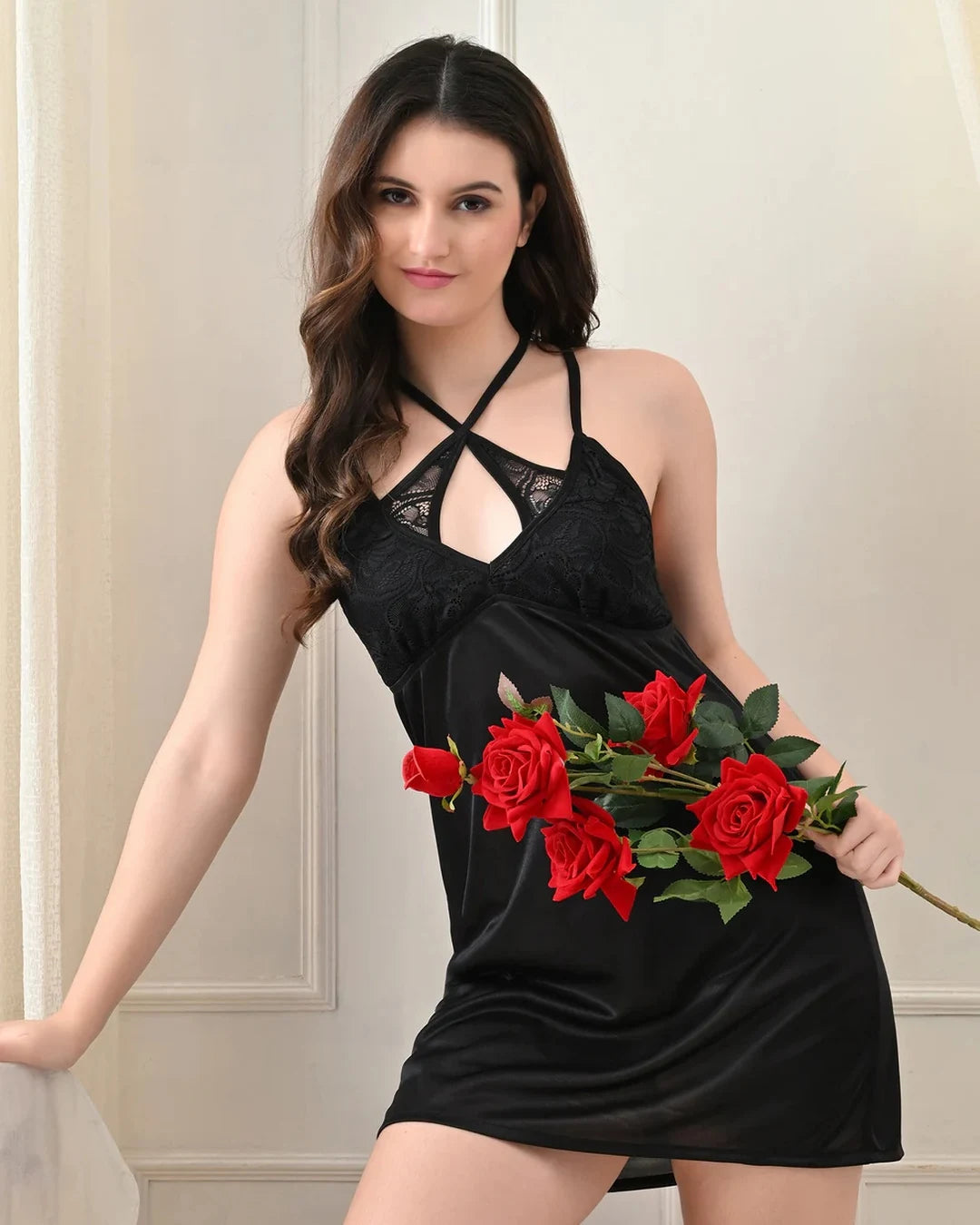 Black Satin Lycra Cross-Back Babydoll Set