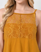Mustard Knit Spaghetti-Strap Cami & Shorts Set with Lace Yoke Panel