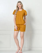 Mustard Knit Flutter-Sleeve Top & Shorts Set with Lace Trim